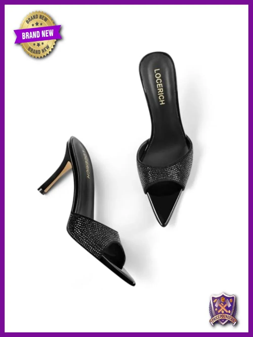 Rhinestone Open Toe Mule Sandals, High Heel, Faux Patent Leather, 3.2